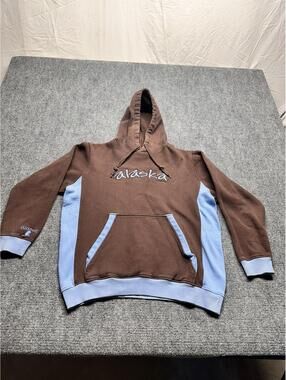 VTG Alaska Hoodie Sweatshirt Brown Blue Colorblock Embroidered Mens Size L Y2K